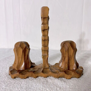 Vintage Hand Carved Wood Salt & Pepper Shakers With Carrier Stand